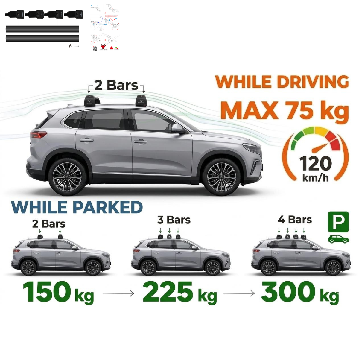 Aluminium Tavan Taşıma Barı Uyumlu VW VOLKSWAGEN Touareg 2019-2023 Siyah