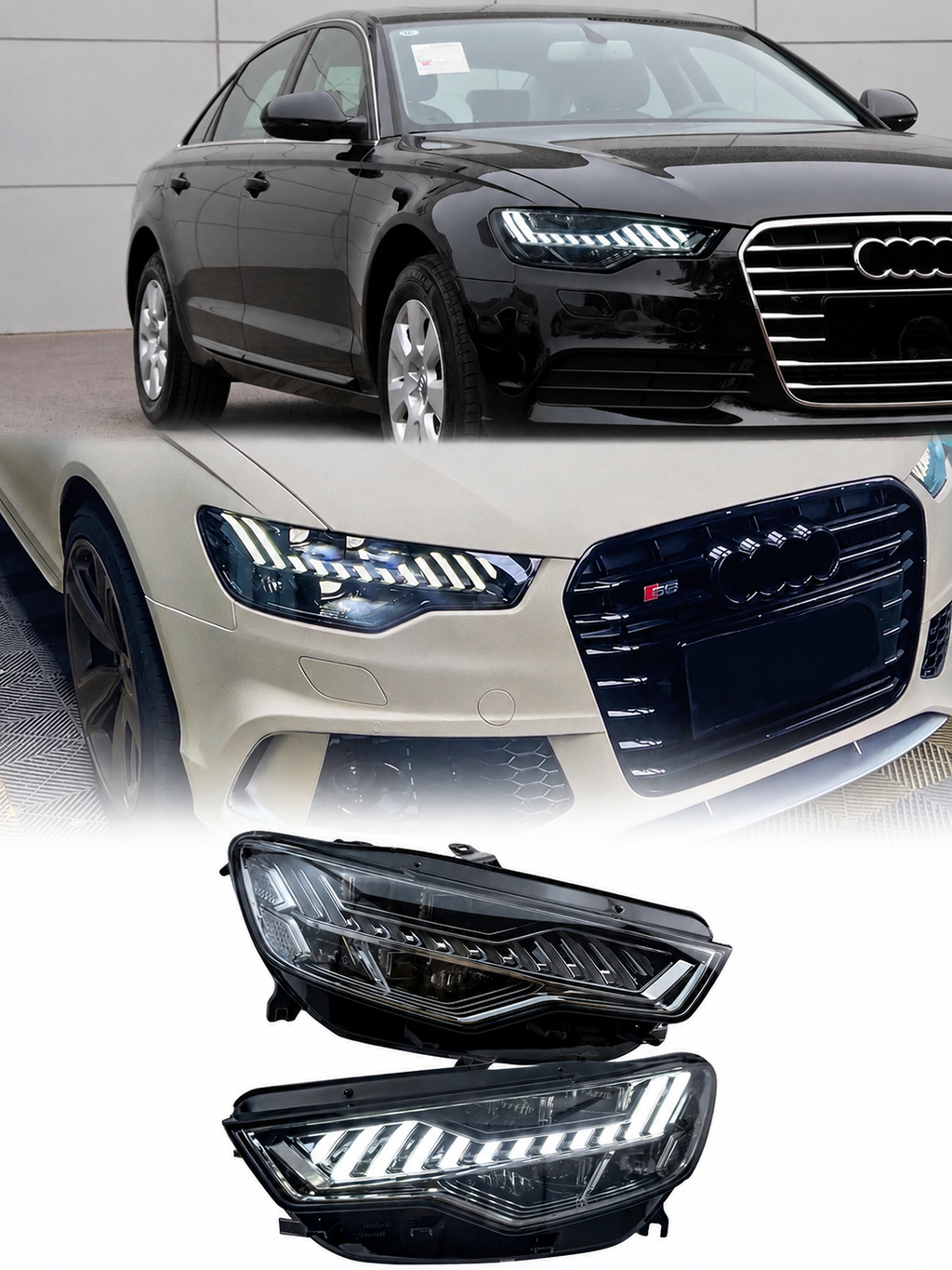 Audi A6 4G 2012–2015 4K RS6 Style ön far seti, araç uygulamaları ve ürün görünümü