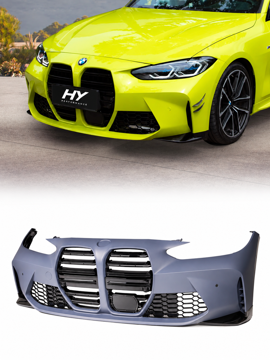 BMW G22 G23 M4 G82 Style ön tampon ve panjur seti, sarı araç uygulaması ve ürün