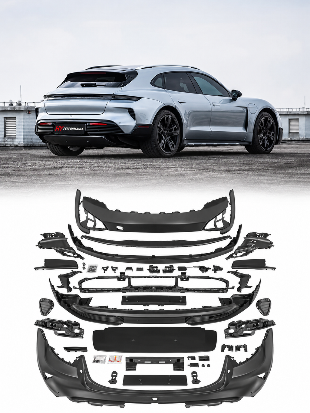 Porsche Taycan 9J1 2019-2024 Turbo GT Style ön ve arka tampon Body Kit genel görünüm - HY TUNING ürün görseli 1