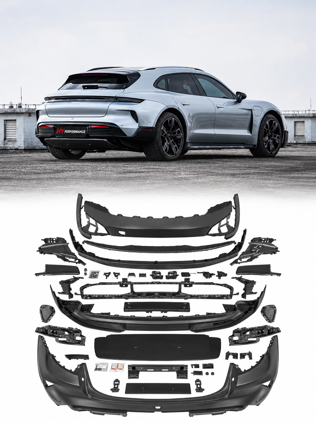 Porsche Taycan 9J1 2019-2024 Turbo GT Style ön ve arka tampon Body Kit genel görünüm - HY TUNING ürün görseli 1