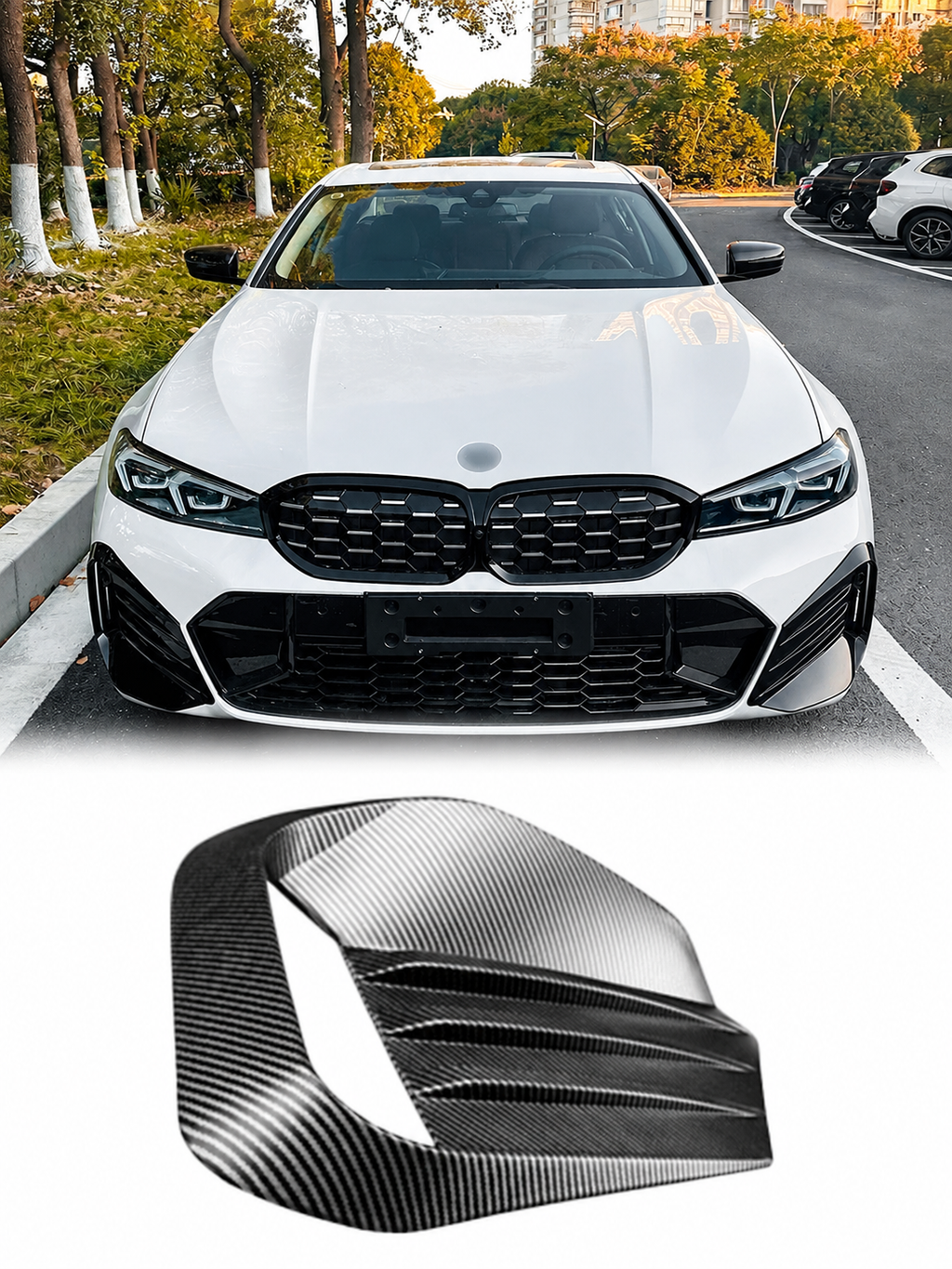 BMW 3 Serisi G20 LCI Uyumlu Tampon Bıçağı Sis Çerçevesi Kapağı Karbon Görünümlü & Piano Black