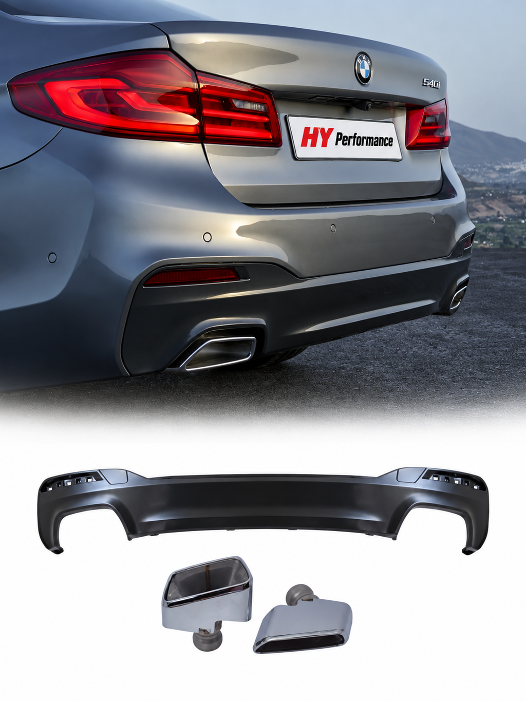 BMW 5 Serisi G30 2017-2023 Uyumlu 540i Style Arka Difüzör ve Krom Kare Egzoz Ucu Seti