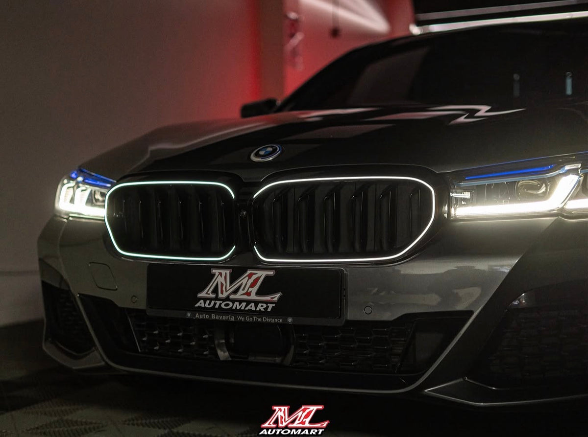 BMW 5 Serisi G30 LCI beyaz LED aydınlatmalı ön panjur uygulaması