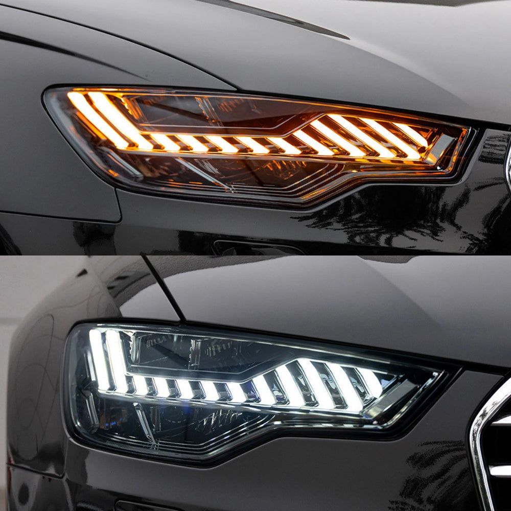 Audi A6 üzerinde RS6 Style ön far, turuncu sinyal ve beyaz gündüz aydınlatması