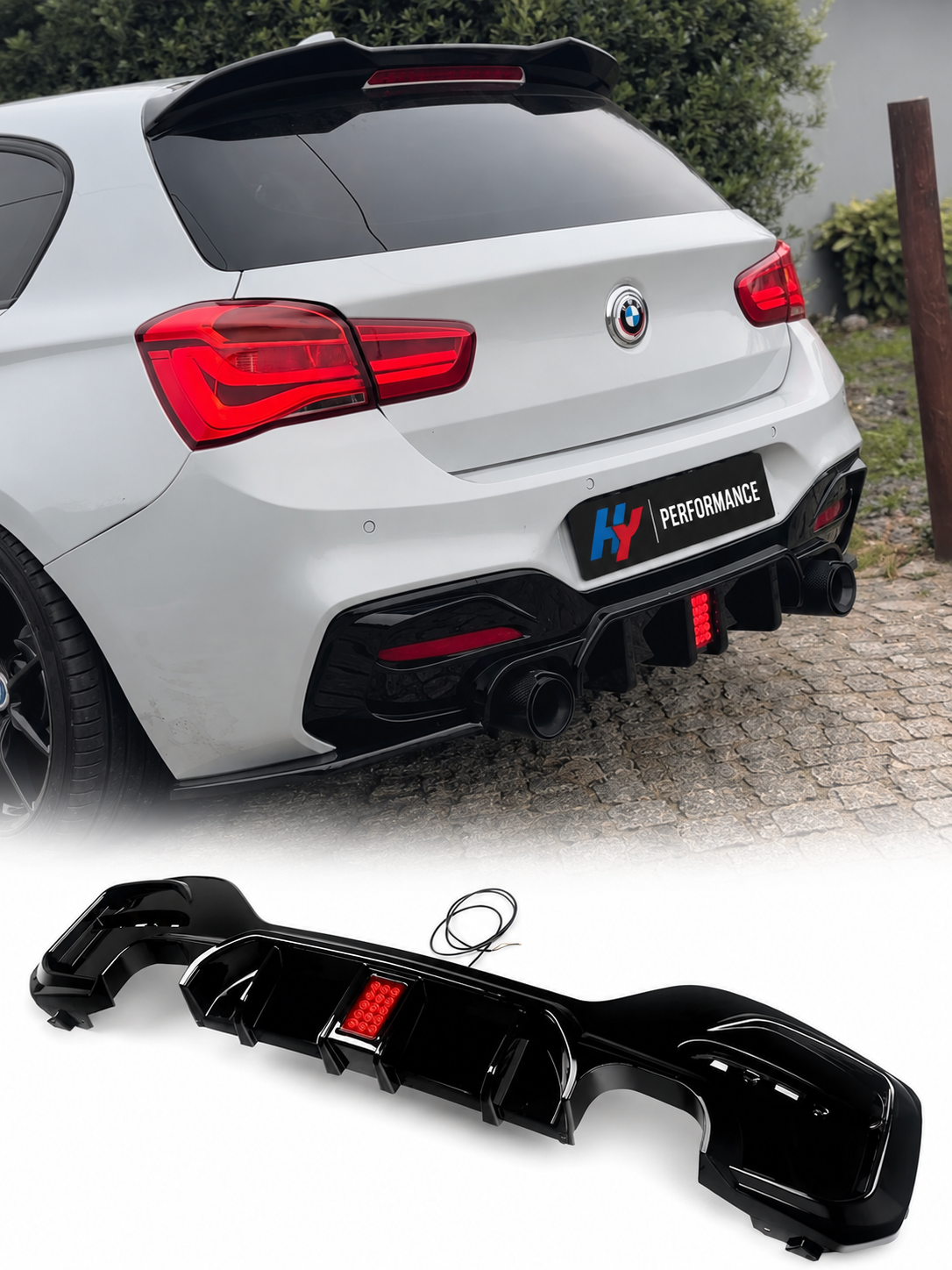 BMW 1 Serisi F20 LCI 2015-2019 Uyumlu M Performance Parlak Siyah LED’li Arka Difüzör