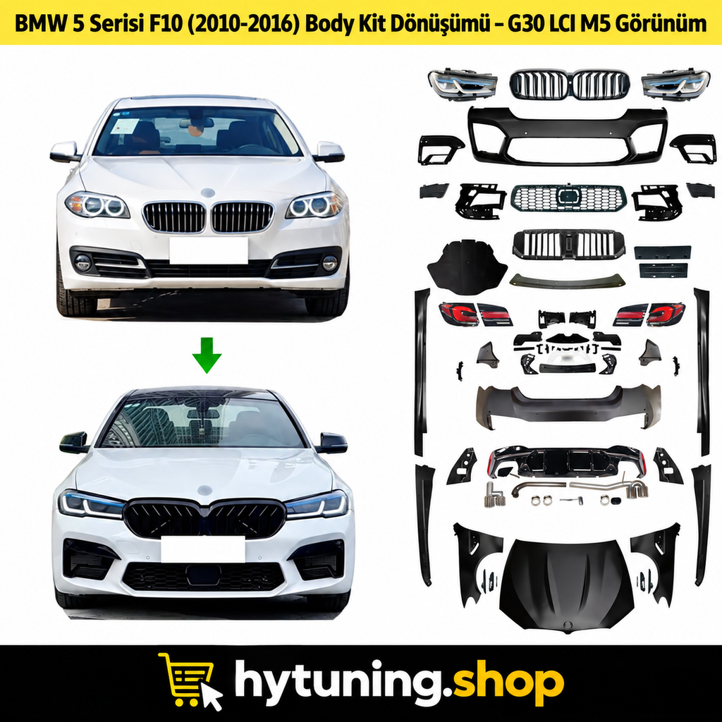 BMW F10 G30 LCI M5 dönüşüm seti ön ve arka tasarım uygulaması