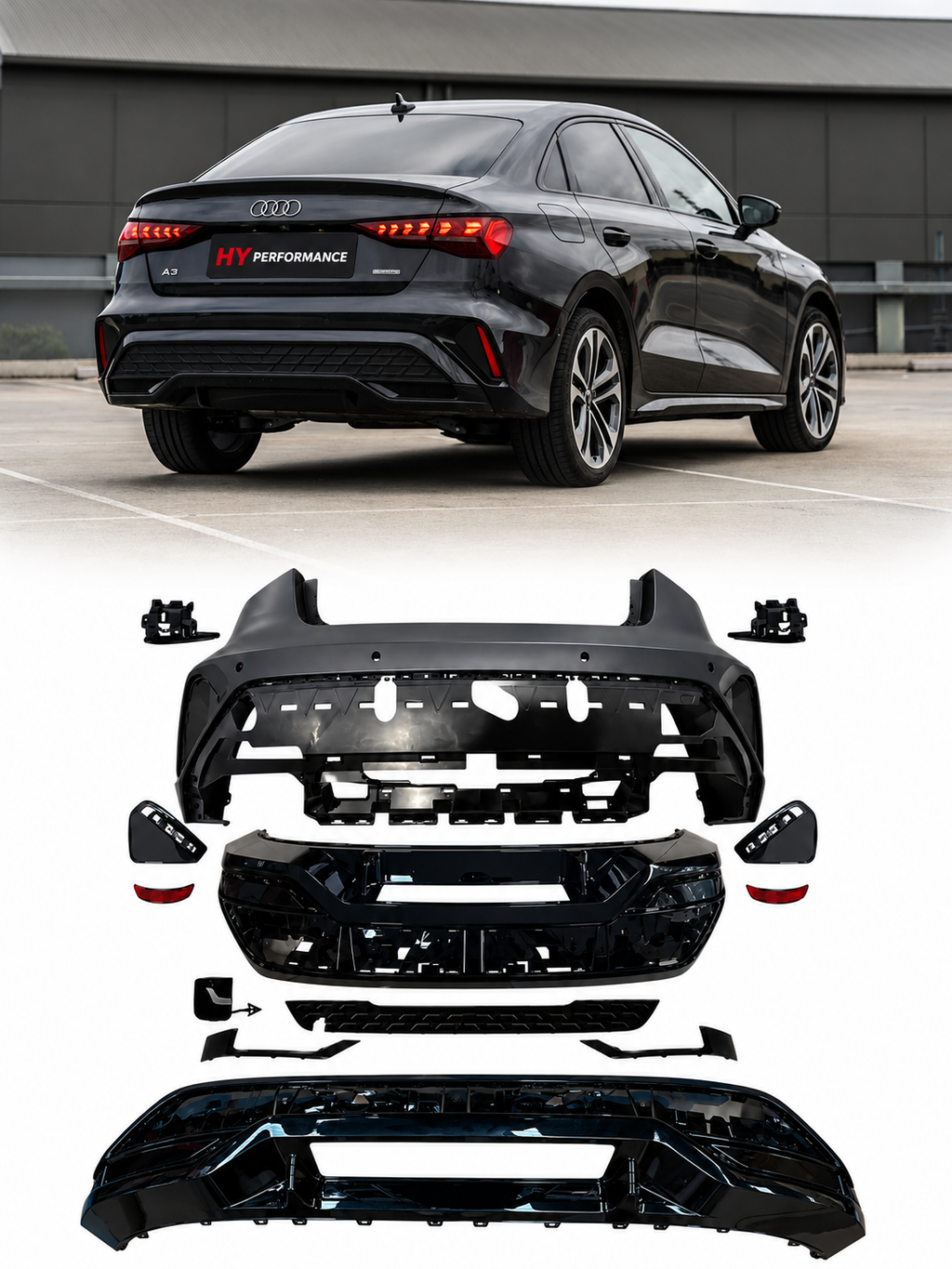 Audi A3 Sedan 2024 ve sonrası S Line Style komple arka tampon difüzör seti ürün görseli 1