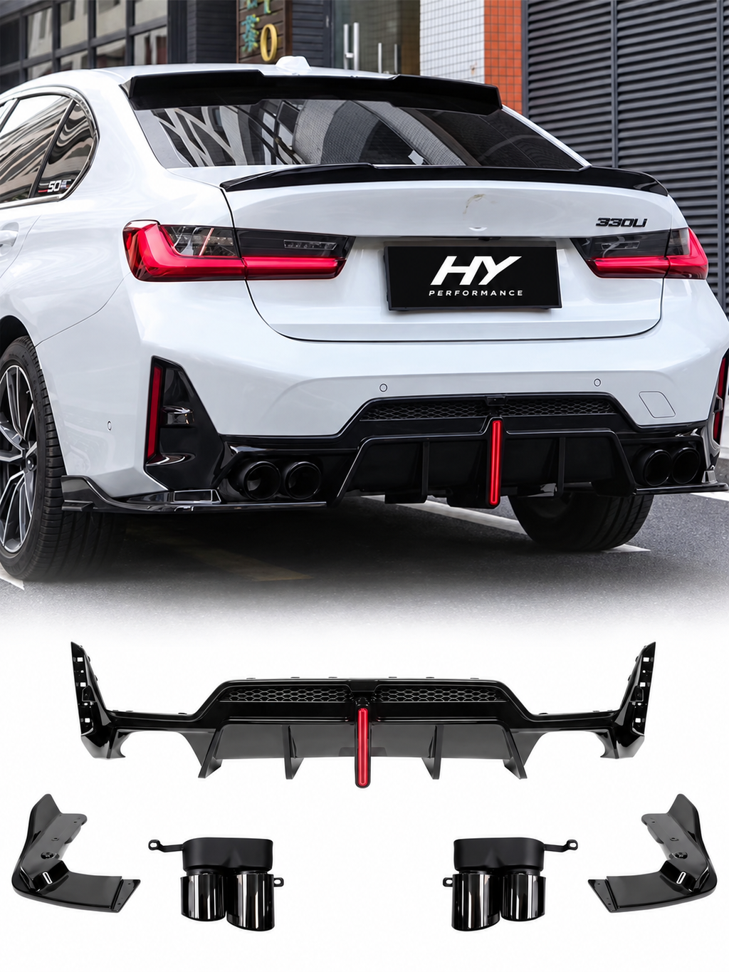 BMW 3 Serisi G20 LCI BM Power LED Aydınlatmalı Arka Difüzör ve Egzoz Ucu Seti