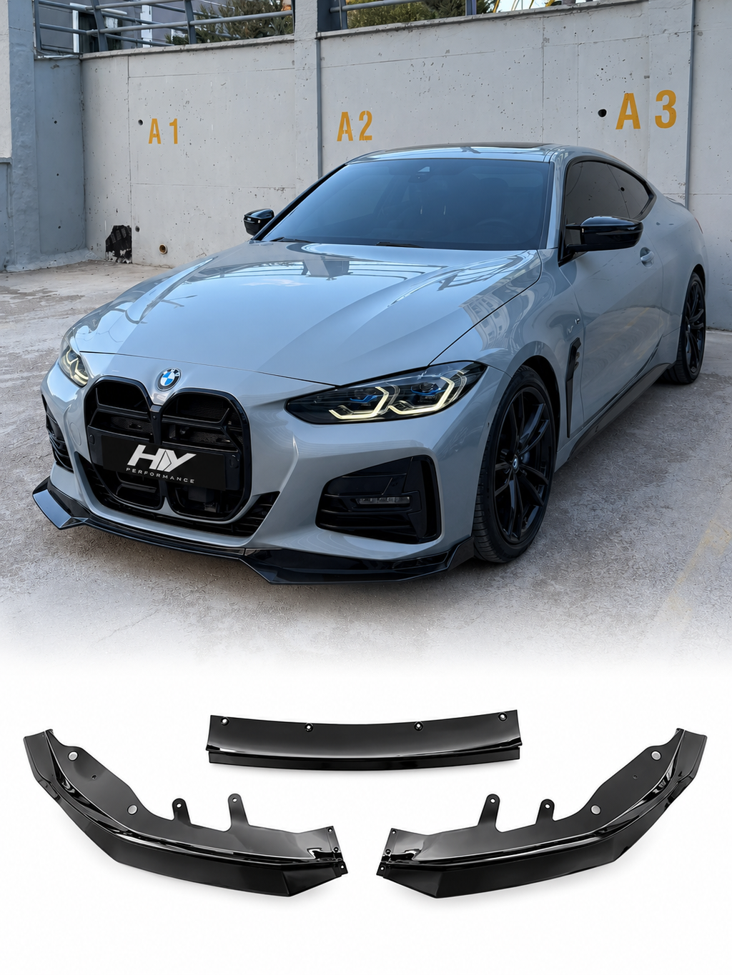 BMW 4 Serisi G22 G23 2020+ Uyumlu M Performance V2 Style 3 Parça Ön Tampon Eki (Lip) – Parlak Siyah
