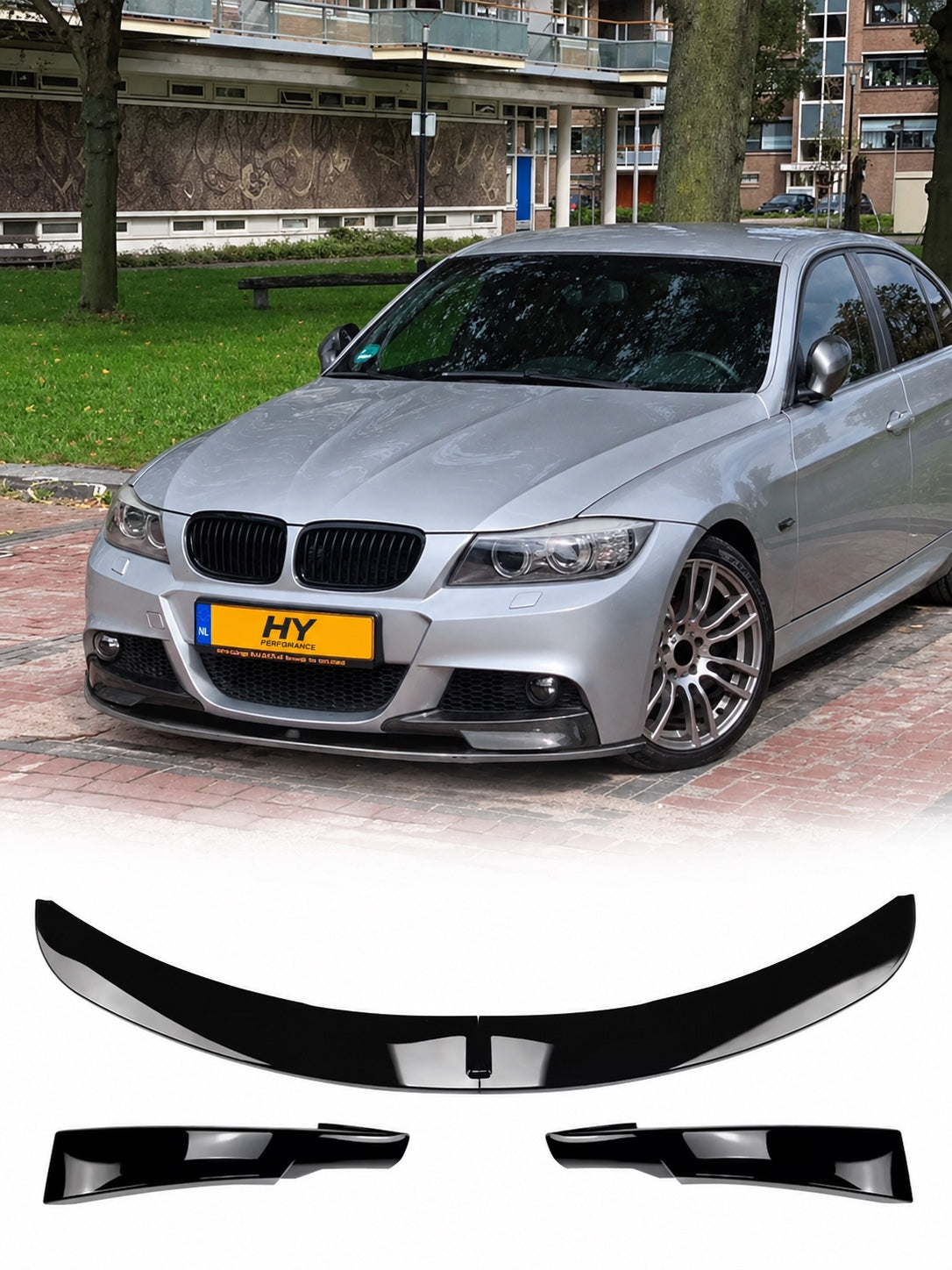 BMW E90 LCI 2008-2011 M Performance parlak siyah ön tampon eki lip ürün ve araç uygulaması