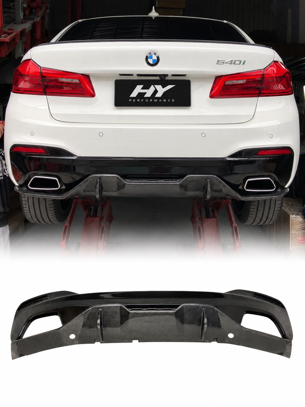 BMW G30 2017–2023 karbon detaylı M Performance Style arka difüzör ve araç üzerinde görünümü