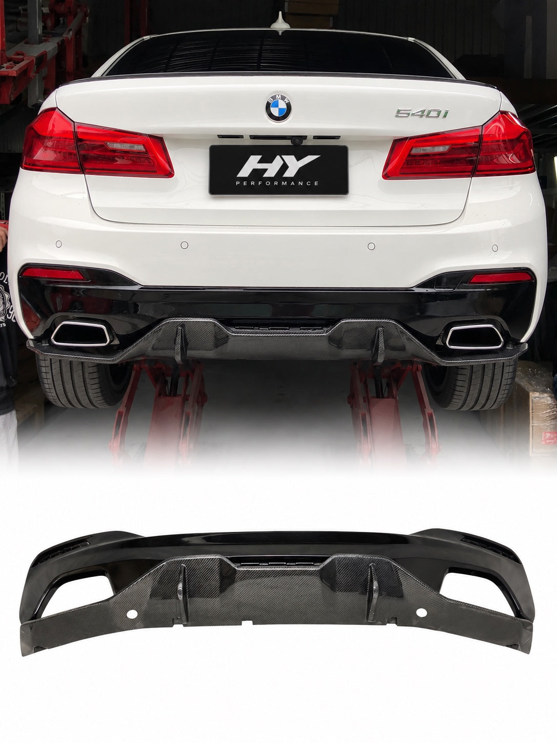 BMW G30 2017–2023 karbon detaylı M Performance Style arka difüzör ve araç üzerinde görünümü