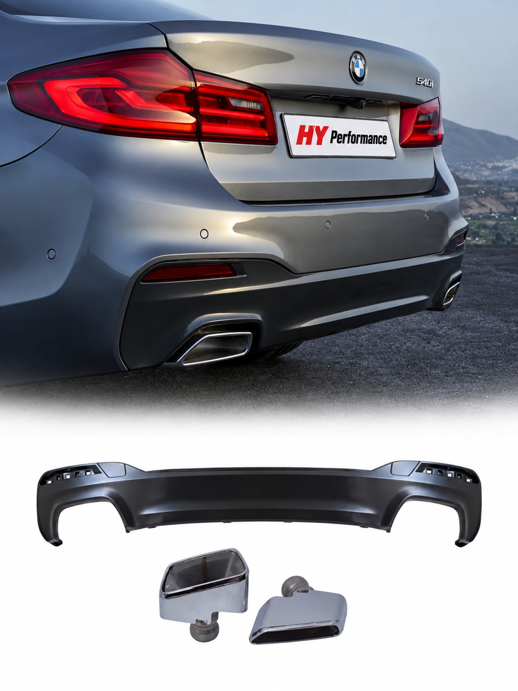 BMW G30 2017-2023 540i Style arka difüzör ve krom kare egzoz ucu seti araç üzerinde ve ürün görünümü