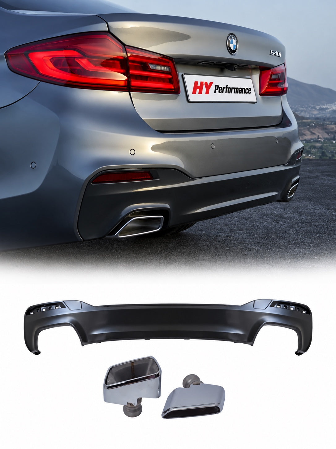 BMW G30 2017-2023 540i Style arka difüzör ve krom kare egzoz ucu seti araç üzerinde ve ürün görünümü