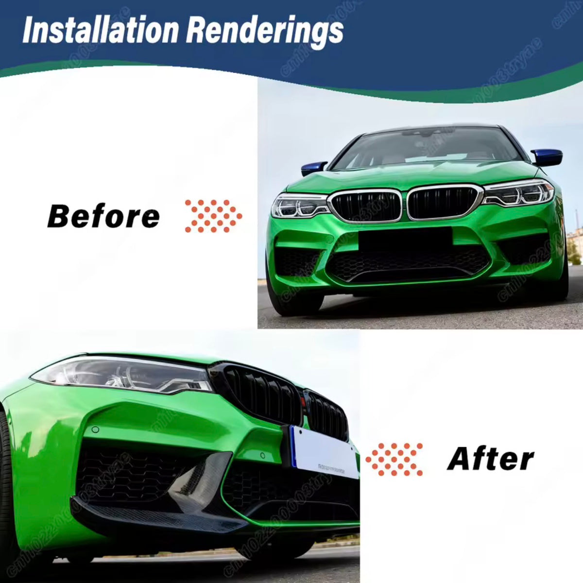 BMW G30 M5 splitter uygulama öncesi sonrası yeşil araç